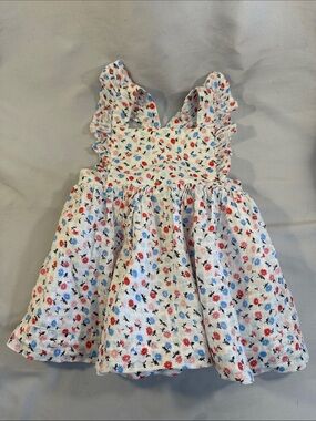 GAP LIKE NEW White Floral Ruffle Dress with Red & Blue Blooms